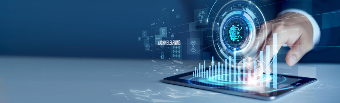 Businessmen use the tab analyzing machine learning and predictive data. AI analytics dashboard, data modeling, automation insights, business intelligence, technology innovation