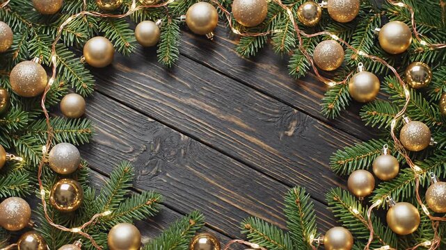 Christmas decorations arranged with gold ornaments and green branches on wooden table during holiday season, christmas background