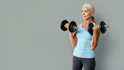 A woman exercises with dumbbells at a gym. She stands upright, holding weights in each hand. The background is plain and gray. It appears to be daytime and she is focused on her workout
