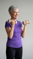 A senior woman stands in a fitness area, holding dumbbells in both hands. She smiles while engaging in strength training, wearing a purple shirt and black pants