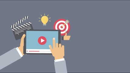 Tablet with video player and social media icons play button - Powered by Adobe