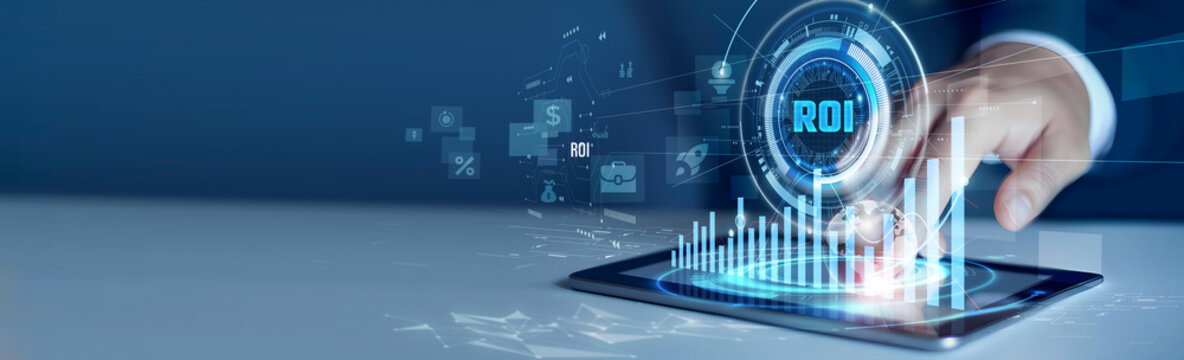 Businessmen use the tab analyzing ROI and investment data. Financial analytics dashboard, business performance, profitability insights, KPI metrics, strategic growth
