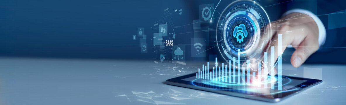 Businessmen use the tab analyzing SaaS and cloud data. Software-as-a-Service dashboard, application analytics, subscription management, cloud performance, business efficiency