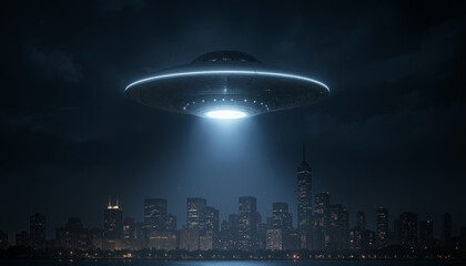 A UFO is seen above a city skyline at night. A light beam shines down from the craft onto the buildings below. The city is dark, and stars are visible in the sky
