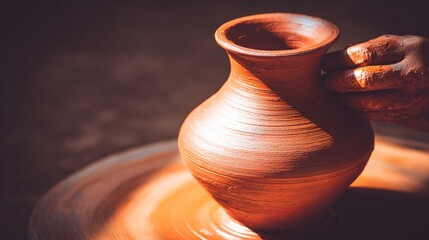 a skilled potter shapes clay into an elegant vase on a pottery wheel in a cozy studio bathed in soft sunlight