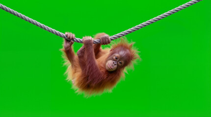 A young orangutan grips a rope with both hands while hanging. This scene takes place in a vibrant green area. The animal appears curious and engaged with its surroundings