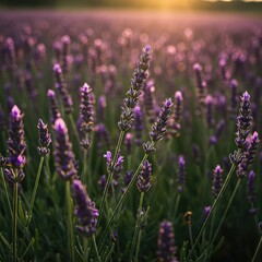 Obraz premium Beautiful purple flower spikes of lavender bathed in golden summer light, suggesting calm relaxation and natural fragrance ,soothing ,organic ,aromatic