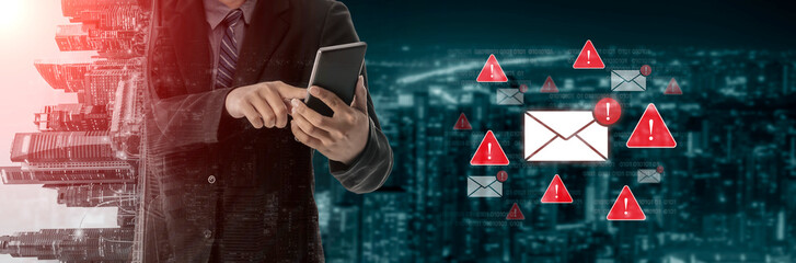 Concept of a cybersecurity warning for unsafe email communication. This alert signifies a phishing...