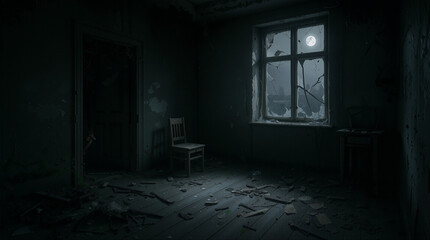 A dark room without people shows a wooden chair placed alone. The walls are cracked and dirty. A window with broken glass lets in moonlight, casting shadows on the floor covered with debris