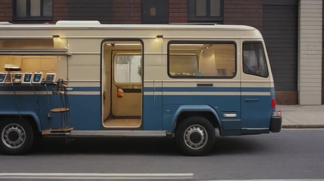 Vintage blue and white bus converted into a mobile showroom with illuminated shelves and devices inside