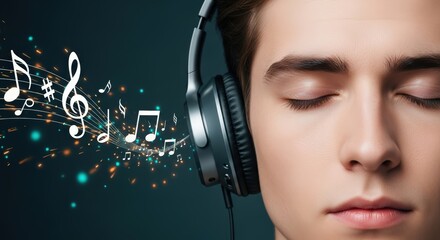 Young man with headphones enjoying music, eyes closed in deep concentration, surrounded by colorful musical notes and vibrant sound waves, embodying the joy of listening and the power of sound