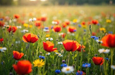 Obraz premium Field of red poppies and wildflowers bathed in warm golden sunlight. Delicate petals and green stems create a vibrant natural landscape. Peaceful scene with colorful blooms under soft sky.