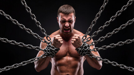 Muscular man pulls at heavy chains with great effort in a gym setting. The scene shows strength training and determination at night against a dark backdrop