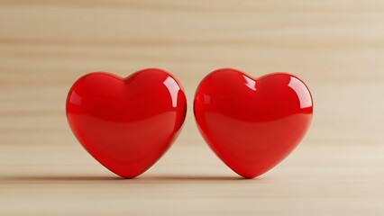 Fototapeta premium Two red hearts on wooden surface