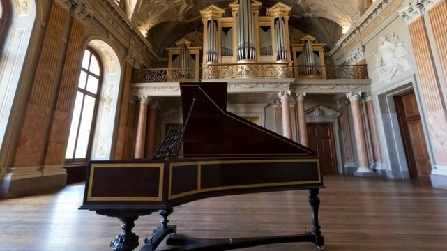 Ornate harpsichord in a grand baroque palace hall with an antique pipe organ for classical music performance concept and cultural heritage
