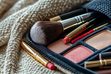 Red lipstick and brushes inside makeup pouch high resolution picture