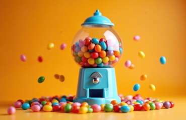 Obraz premium Blue retro gumball machine filled with colorful jelly beans sits on yellow surface. Assorted candies spill from globe and fall onto table. Bright orange background.