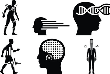 Biohacking Human-Machine & Optimization Icons Bundle � Symbiosis, Cold Exposure, Cybernetic Arm, DNA Concept, Fasting, Hormonal Balance