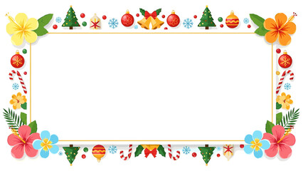 A festive rectangular frame adorned with tropical flowers and Christmas decorations.