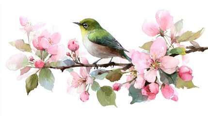 Watercolor Bird on Cherry Blossom Branch with Pink Flowers and Green Leaves, Elegant Spring Nature Illustration for Decorative Design
