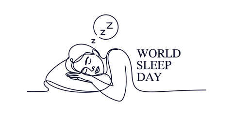 Single line of person sleeping with Zzz symbol and World Sleep Day text human slumber.