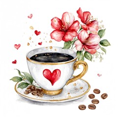 Cup of coffee with heart design, flowers, and coffee beans on a white background, showcasing a warm beverage setup for enjoyment