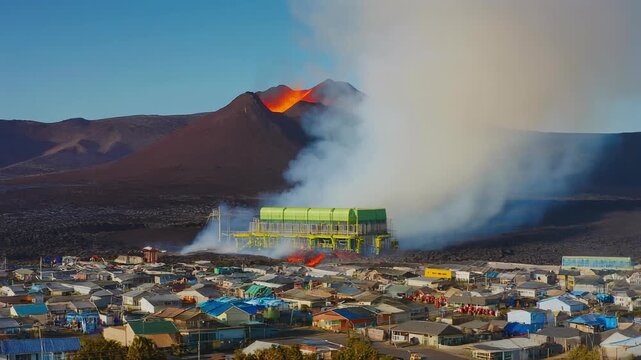 Volcanic landscape with a green industrial processing facility and surrounding temporary shelters