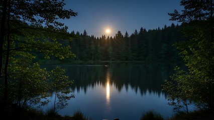 Serene nighttime lake under full moon
