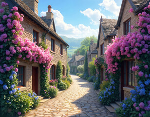 Stone village street with blooming hydrangeas climbing on old stone houses. Green hills in background under bright blue sky with clouds. Idyllic rural english scenery.