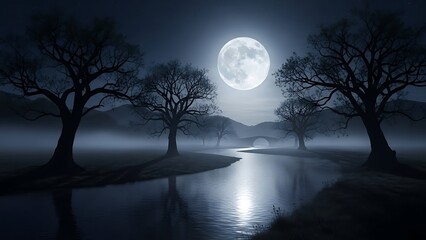 Serene night landscape under full moon