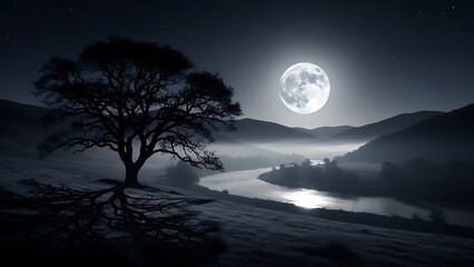 Serene night landscape under full moon