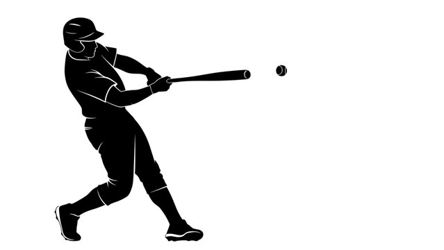 A black vector illustration of an active baseball player silhouette in action hitting the ball with a bat during a sports game