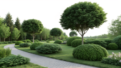 Green park landscape with bushes and trees isolated on transparent background