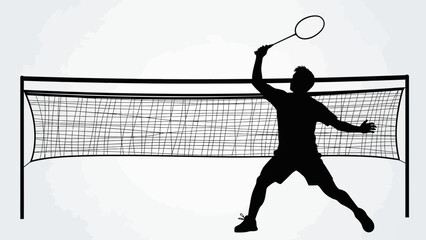Black vector illustration of a tennis player silhouette with a ball and a volleyball athlete in action during a sports competition game