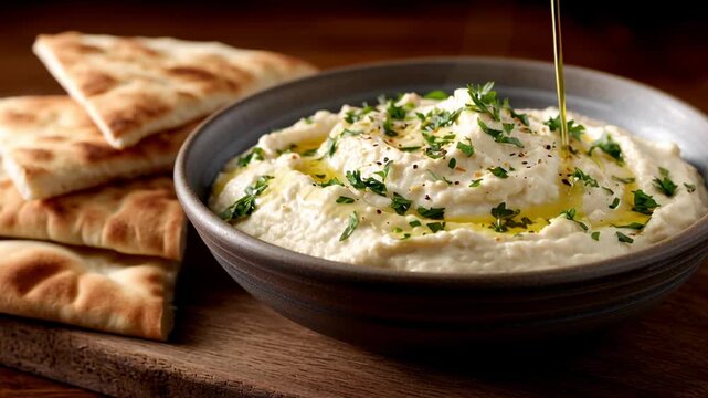 Fresh hummus with olive oil and pita bread on wooden table