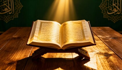 Old open Quran with a lit candle on a table