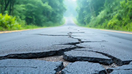 A cracked road shows damage along the surface as it winds through thick greenery. The foggy atmosphere adds a sense of quiet to the scene. Nature surrounds the area