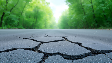 A view of a cracked asphalt road stretches into a forest area. Lush green trees line the sides, showing natural growth in bright daylight