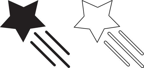 Shooting star vector icon set featuring black silhouette and outline styles, ideal for Christmas decorations, magic wish concepts, astronomy designs and night sky symbols. © Shah Hasanuzzaman