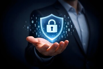 Protect user privacy network and private data access with padlock icon for cyber security concept. Businessman holding shield protection icon on virtual screen.