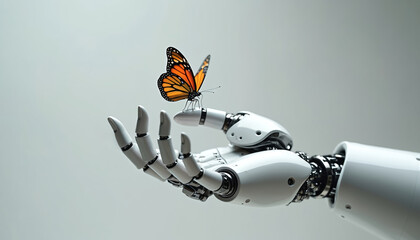 Robot hand gently holds delicate butterfly in studio setting. Metallic fingers offer stark contrast to insect fragile wings, artificial intelligence interaction with nature, evolution. Futuristic