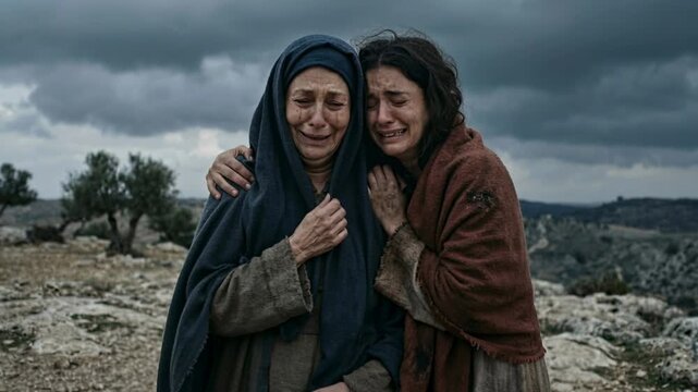 The Profound Sorrow of Two Women at Golgotha during the Crucifixion of Christ.