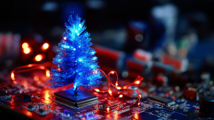 Vibrant blue neon holiday tree emerging from complex red digital circuit board, symbolizing high-tech holiday season, technology celebration, defocused circuits, with copy space