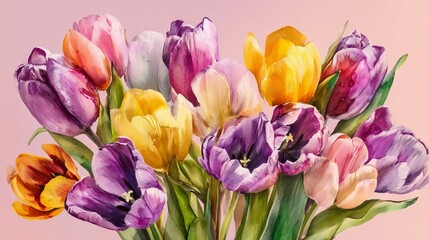 Obraz premium Watercolor tulips in vibrant shades of purple, yellow, pink and red with green leaves on soft pink background