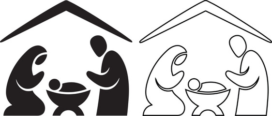 Christmas nativity scene vector icon set featuring holy family silhouette and outline under stable roof, ideal for minimalist holiday designs, religious cards and biblical symbols.
