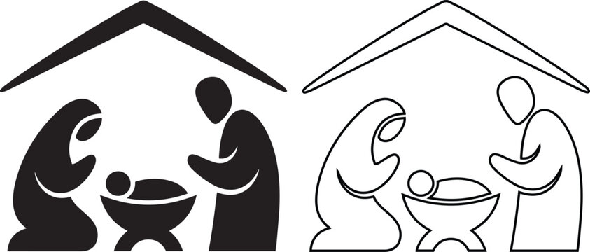 Christmas nativity scene vector icon set featuring holy family silhouette and outline under stable roof, ideal for minimalist holiday designs, religious cards and biblical symbols.