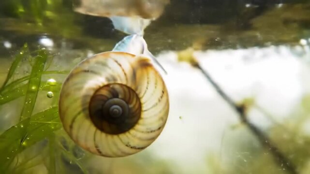 Snail submerged underwater, near algae with blurred background, for nature or biology use