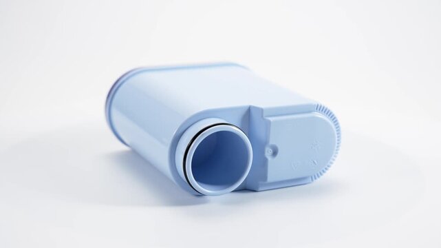 Rotating water filter for coffee machines shown horizontally on a clean white background. Minimal product animation emphasizes filtration design, plastic construction, and compatibility with household