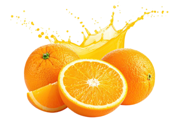Orange juice splash with sliced oranges Vibrant Orange Juice Splash, Cut-out, Isolated on Transparent Background Fresh ripe slice of orange fruit with juice splash, isolated on transparent background.
