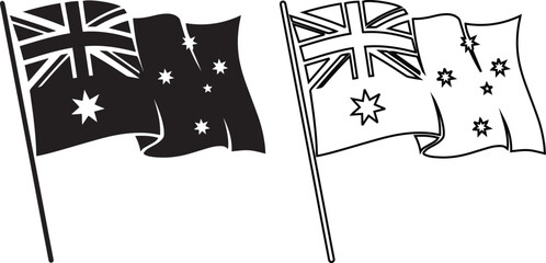Australia flag vector illustration set featuring black silhouette and outline waving on a pole, ideal for Australian national symbols, patriotism concepts, and travel graphic design elements. © Shah Hasanuzzaman